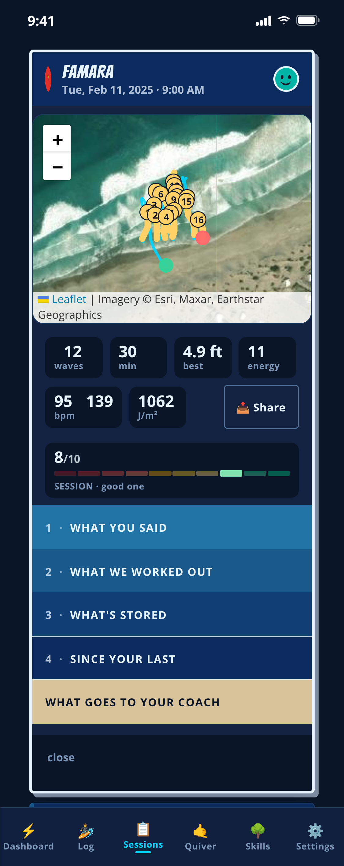 A logged surf session at Famara in OceanLog: 12 waves on a satellite map, 30 minutes, best wave 4.9 ft, your own rating: 8/10
